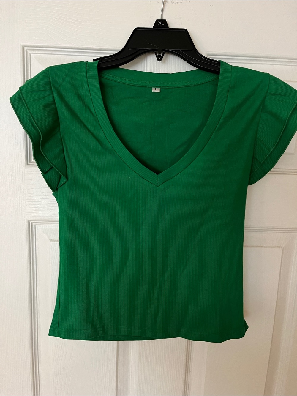 Green V-Neck Ruffle Sleeve Women's Top